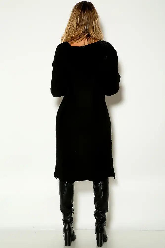 Black Long Sleeve Hooded Knitted Cardigan - AMIClubwear