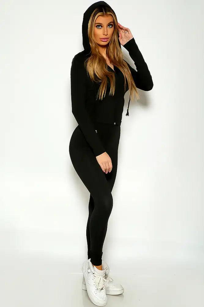 Black Long Sleeve Hooded Light Weight two Piece Outfit - AMIClubwear