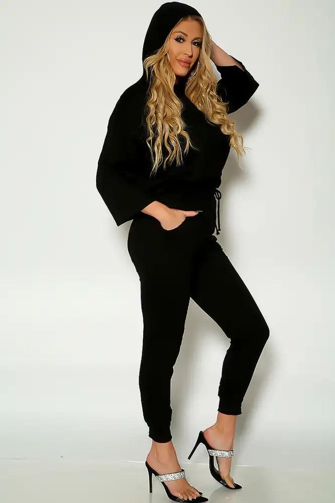 Black Long Sleeve Hooded Lounge Wear Two Piece Outfit - AMIClubwear
