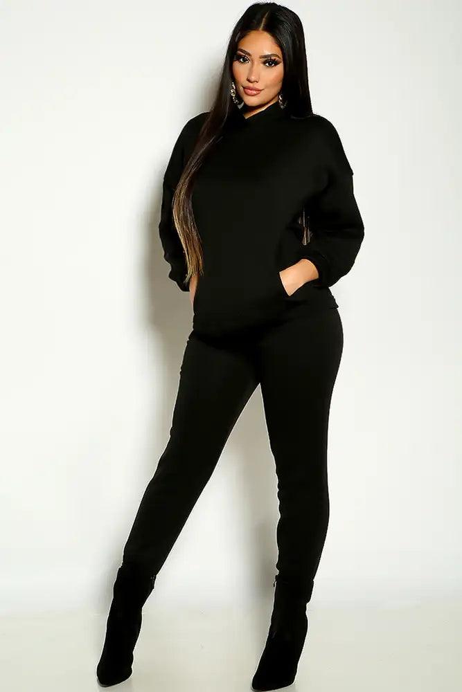 Black Long Sleeve Hooded Loungewear Two Piece Outfit - AMIClubwear