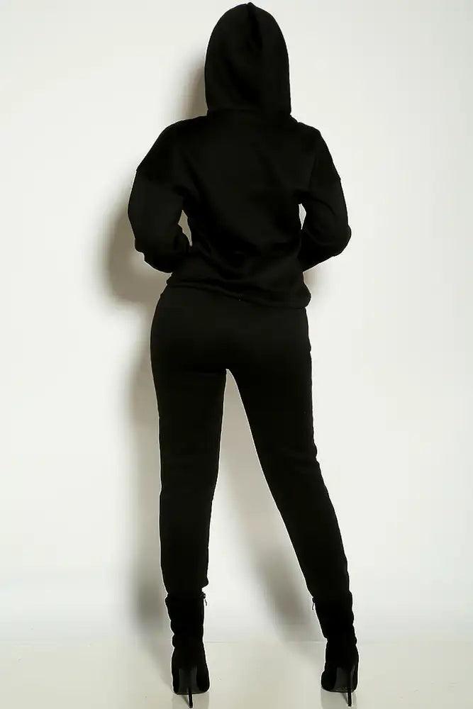 Black Long Sleeve Hooded Loungewear Two Piece Outfit - AMIClubwear
