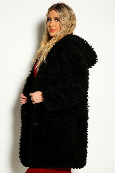 Black Long Sleeve Hooded Sherpa Coat - AMIClubwear