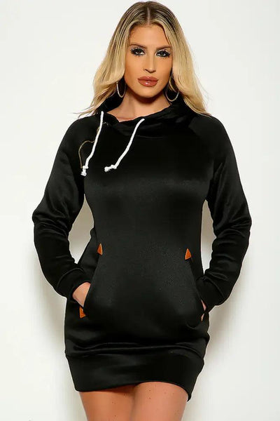 Black Long Sleeve Hooded Sweater Dress - AMIClubwear