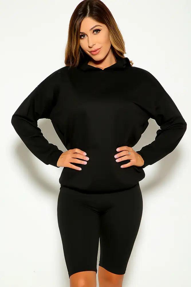 Black Long Sleeve Hooded Two Piece Casual Outfit - AMIClubwear