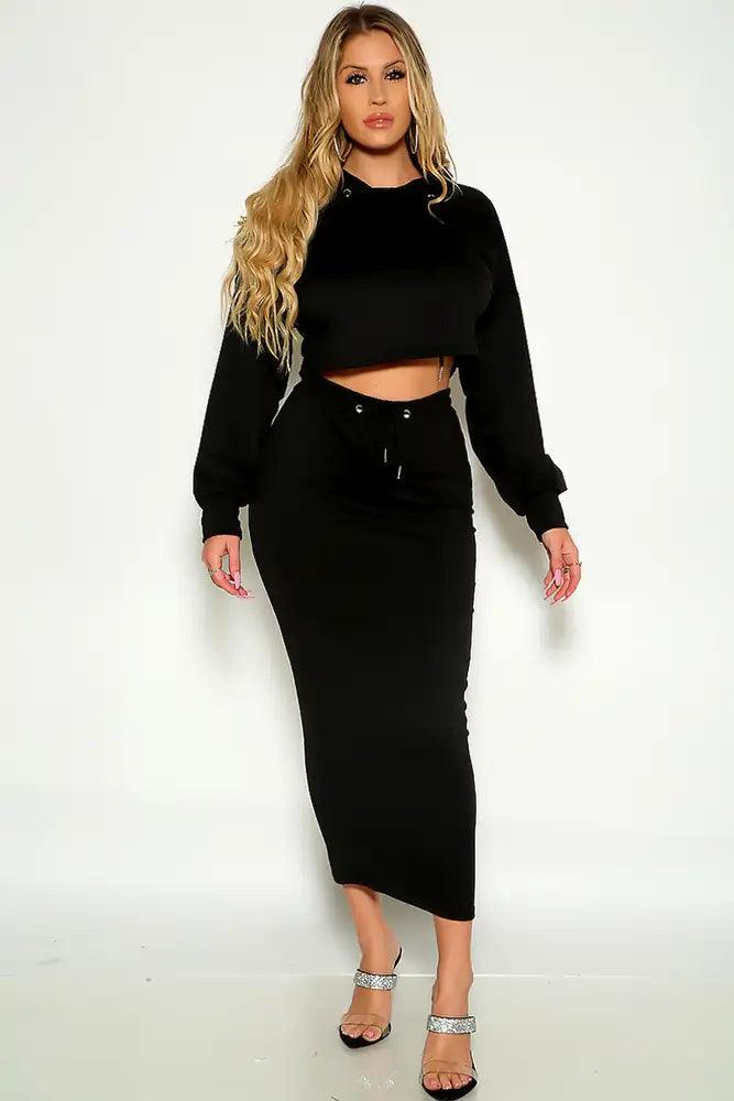 Black Long Sleeve Hooded Two Piece Dress - AMIClubwear