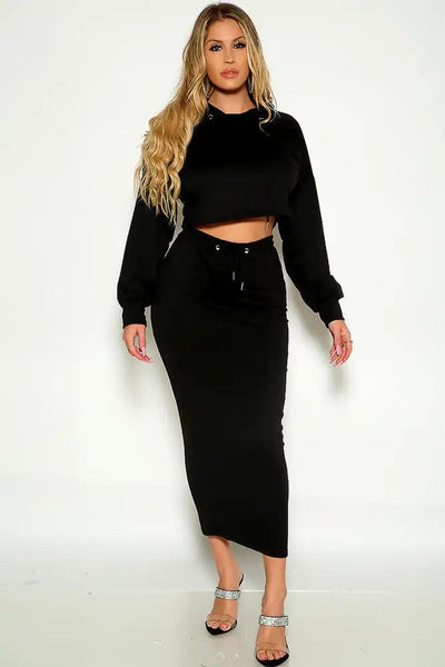 Black Long Sleeve Hooded Two Piece Dress - AMIClubwear