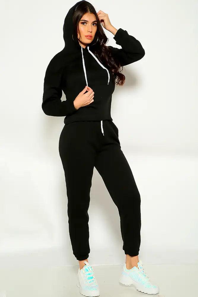 Black Long Sleeve Hooded Two Piece Lounge Outfit - AMIClubwear