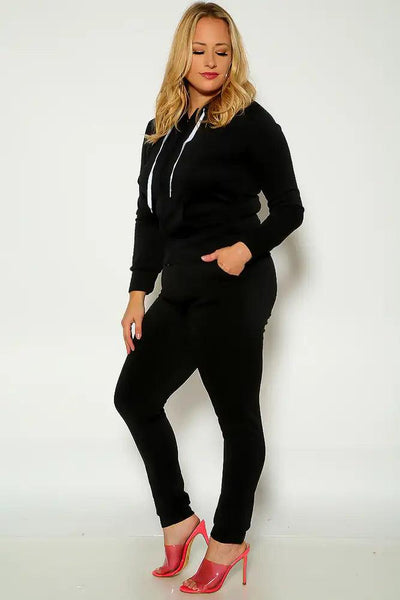 Black Long Sleeve Hooded Zipper Closure Plus Size Two Piece Outfit - AMIClubwear
