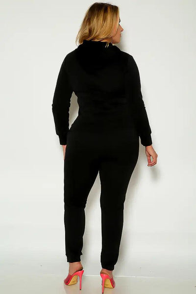 Black Long Sleeve Hooded Zipper Closure Plus Size Two Piece Outfit - AMIClubwear