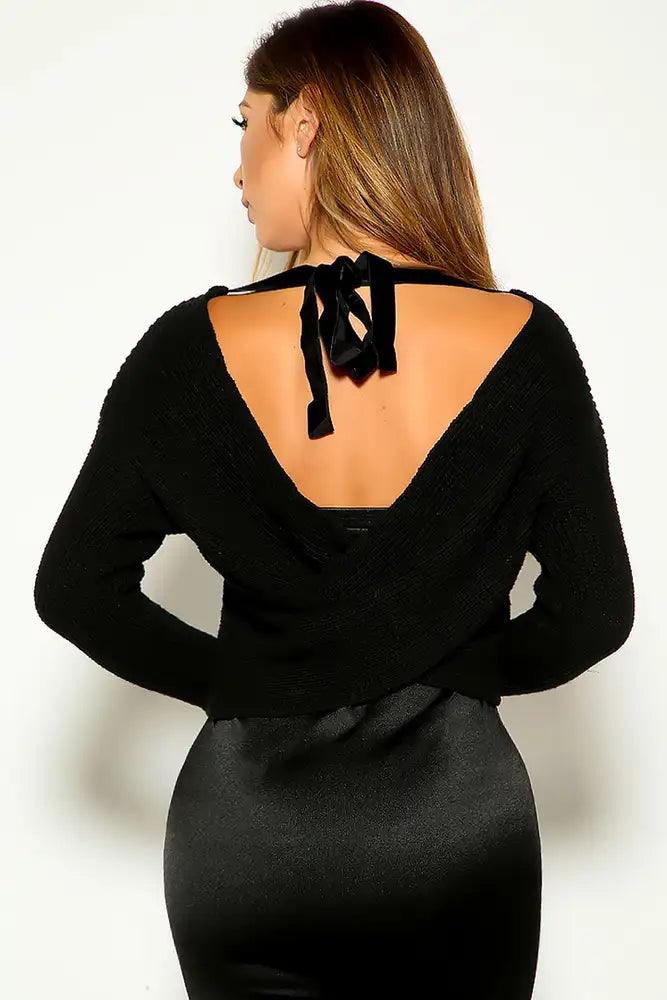 Black Long Sleeve Knitted Cross Back Sweater - AMIClubwear