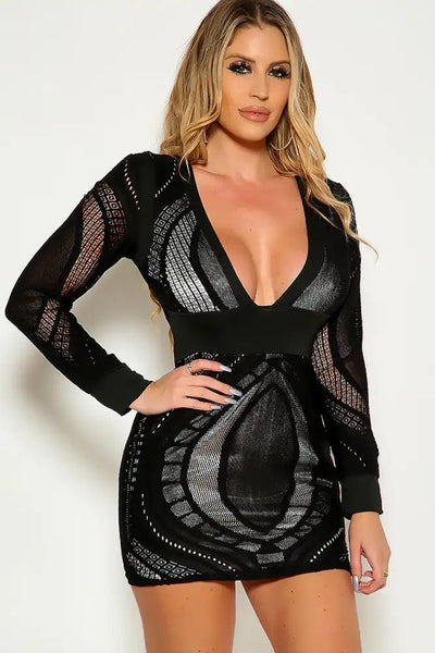 Black Long Sleeve Knitted Layered Two Tone Party Dress - AMIClubwear