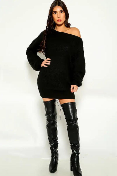 Black Long Sleeve Knitted Sweater Dress - AMIClubwear