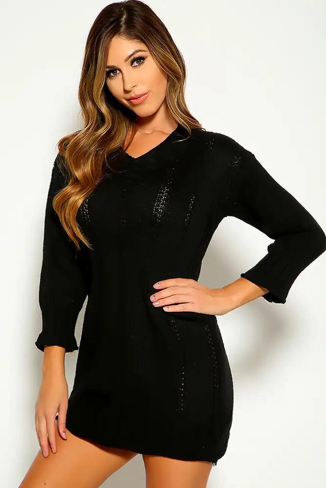 Black Long Sleeve Knitted Sweater Dress - AMIClubwear