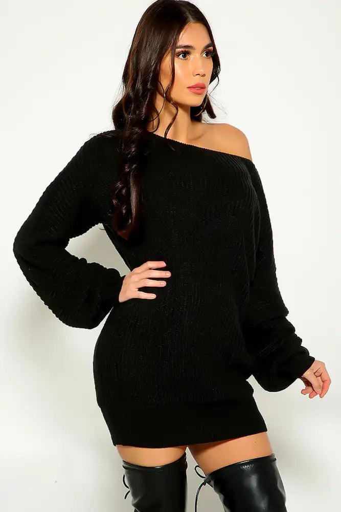 Black Long Sleeve Knitted Sweater Dress - AMIClubwear