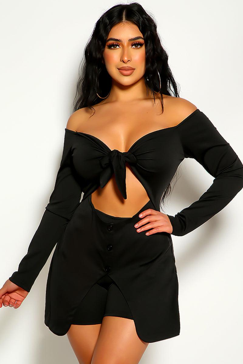 Black Long Sleeve Knot Detail Off The Shoulder Romper - AMIClubwear
