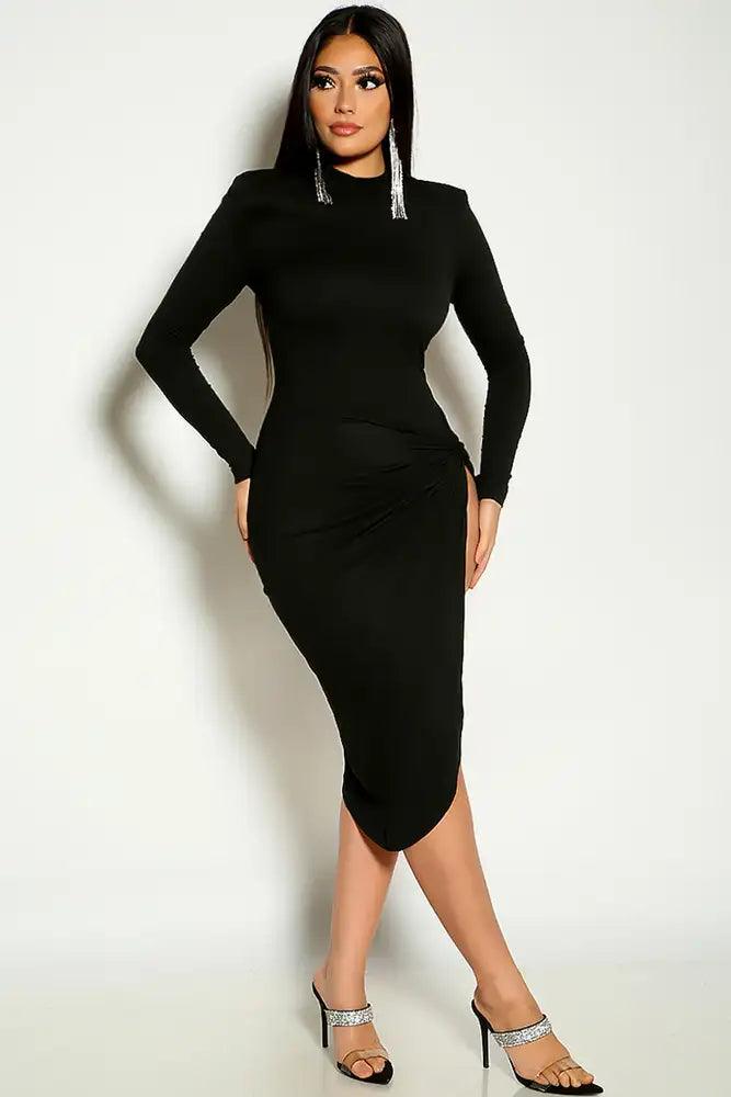 Black Long Sleeve Knotted High Cut Party Dress - AMIClubwear