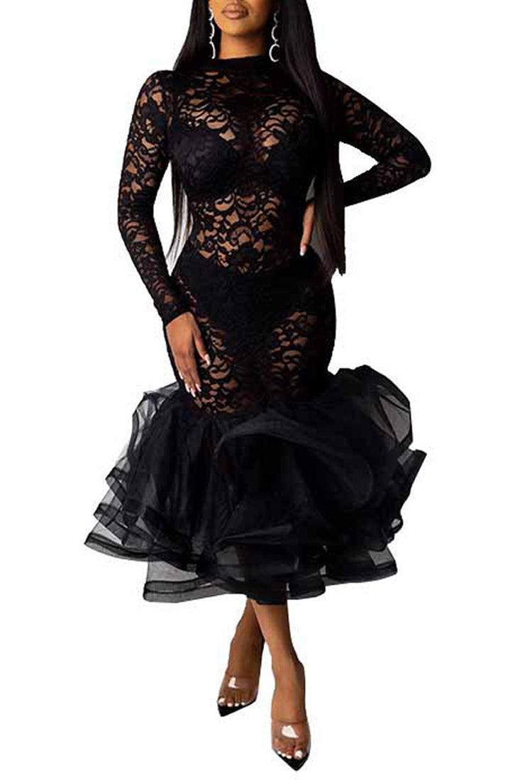 Black Long Sleeve Lace See Through Ruffled Tutu Hem Party Dress - AMIClubwear