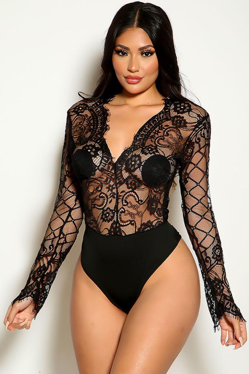 Black Long Sleeve Lace Sexy Teddy Lingerie - AMIClubwear