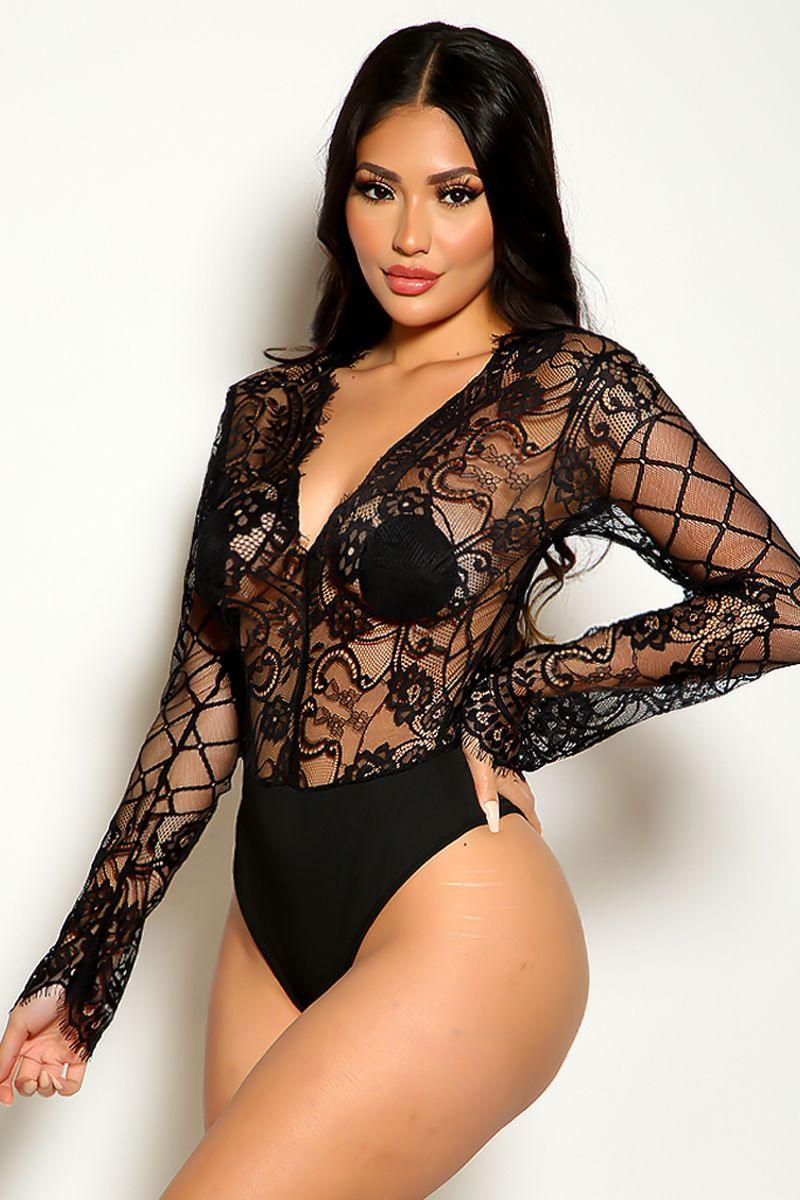 Black Long Sleeve Lace Sexy Teddy Lingerie - AMIClubwear