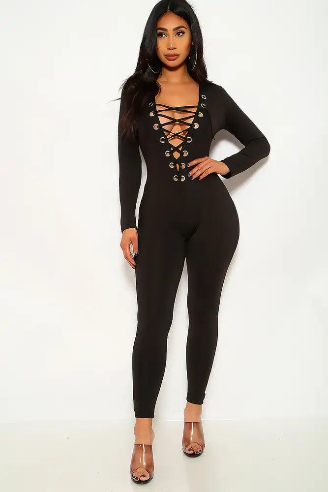 Black Long Sleeve Lace Up Jumpsuit - AMIClubwear