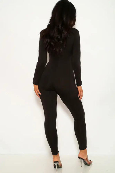 Black Long Sleeve Lace Up Jumpsuit - AMIClubwear
