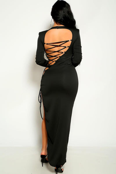 Black Long Sleeve Lace Up Maxi Sexy Party Dress - AMIClubwear