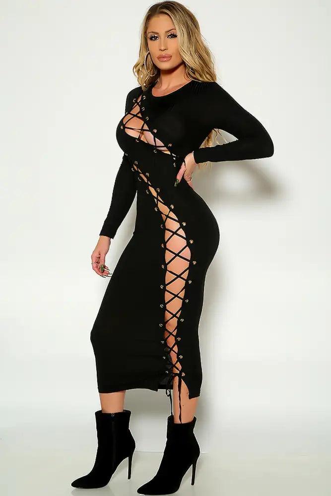 Black Long Sleeve Lace Up Ribbed Midi Party Dress - AMIClubwear