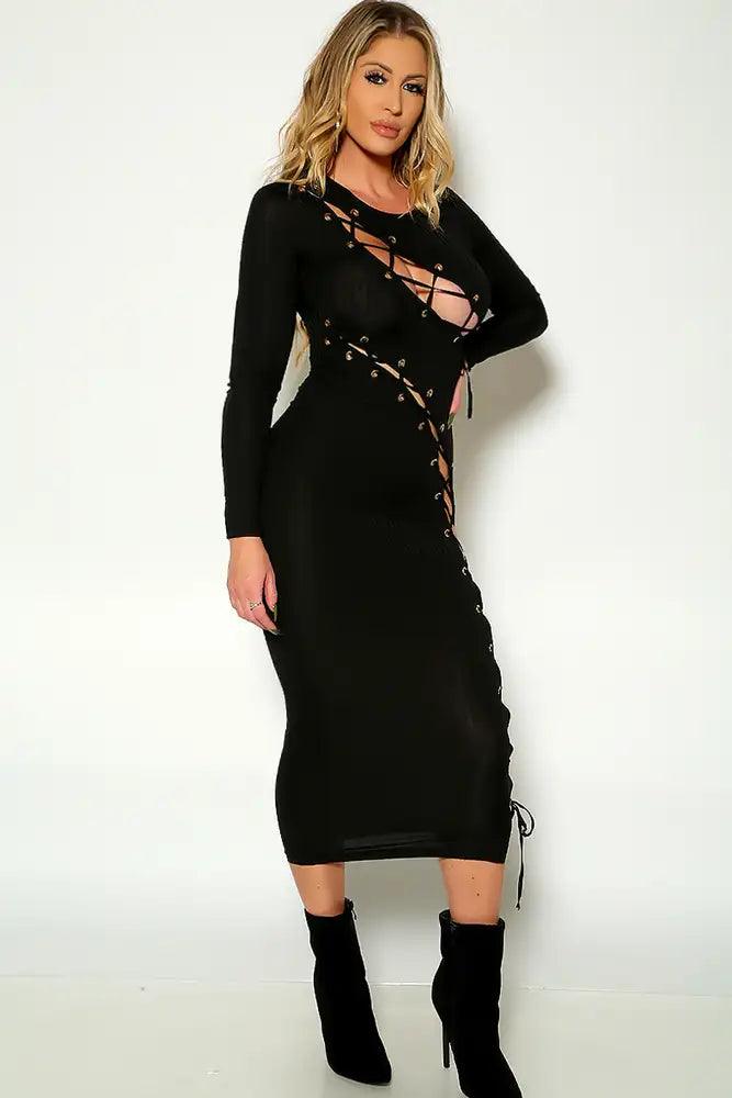 Black Long Sleeve Lace Up Ribbed Midi Party Dress - AMIClubwear