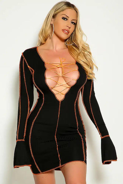 Black Long Sleeve Lace Up Stitched Detail Sexy Party Dress - AMIClubwear