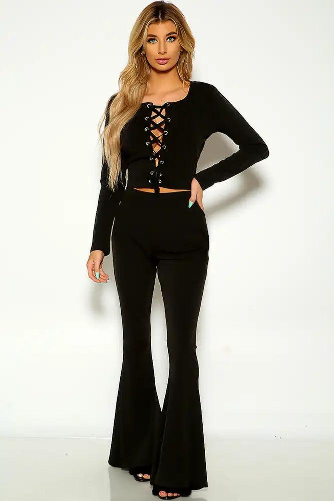 Black Long Sleeve Lace Up Two Piece Outfit - AMIClubwear