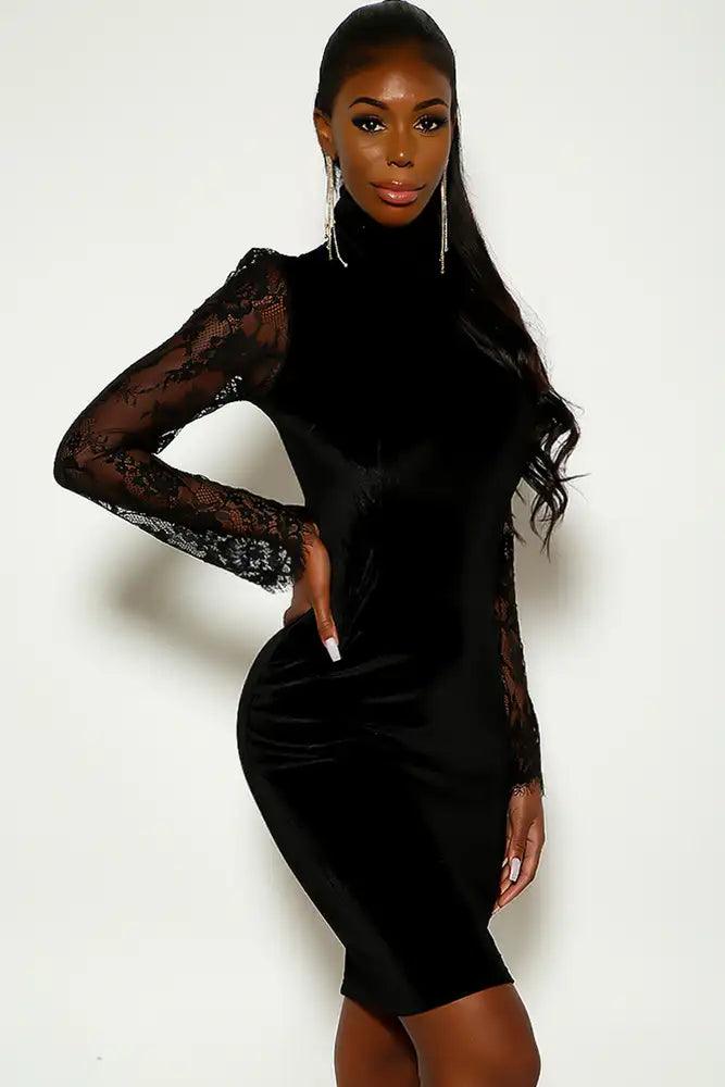 Black Long Sleeve Lace Velvet Party Dress - AMIClubwear