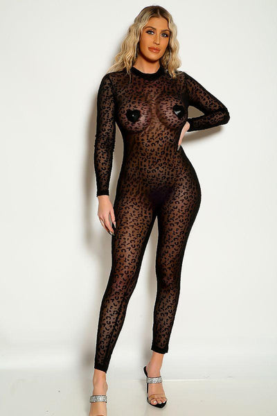Black Long Sleeve Leopard Print Mesh Sexy Jumpsuit - AMIClubwear