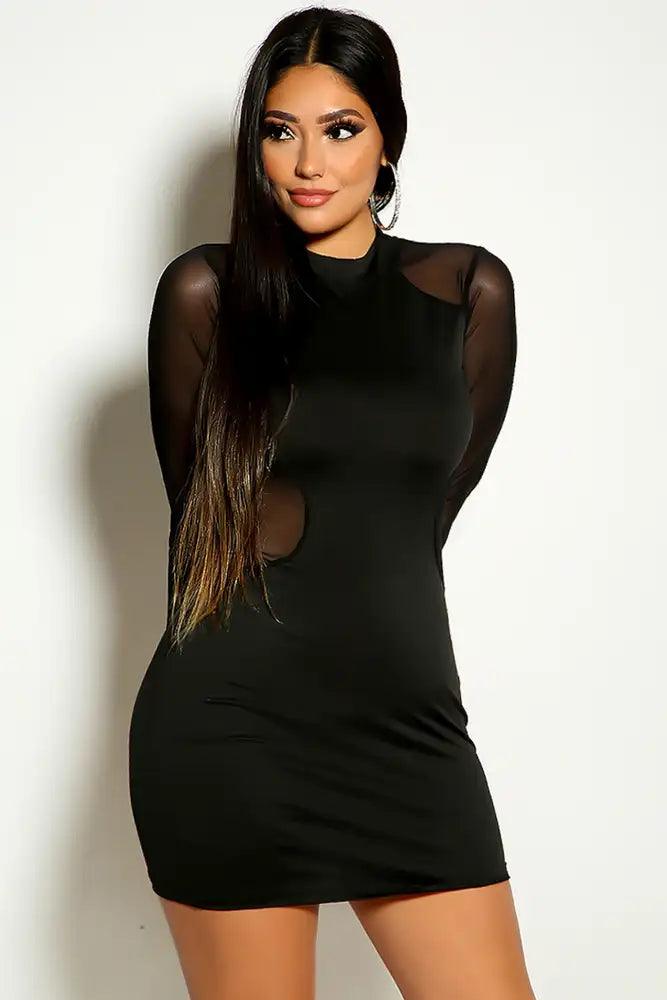 Black Long Sleeve Mesh Detail Party Dress - AMIClubwear