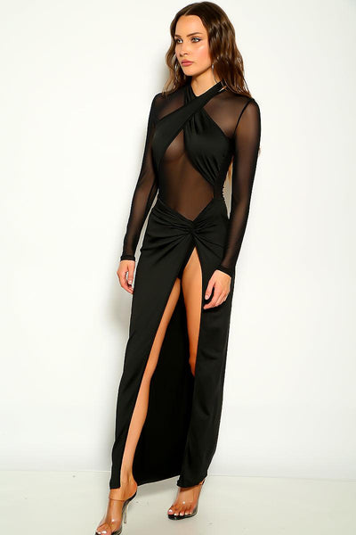 Black Long Sleeve Mesh High Slit Maxi Party Dress - AMIClubwear