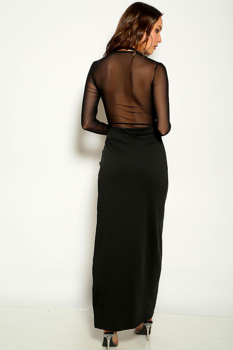 Black Long Sleeve Mesh High Slit Maxi Party Dress - AMIClubwear