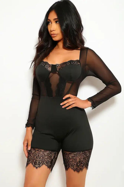 Black Long Sleeve Mesh Plus Size Romper - AMIClubwear