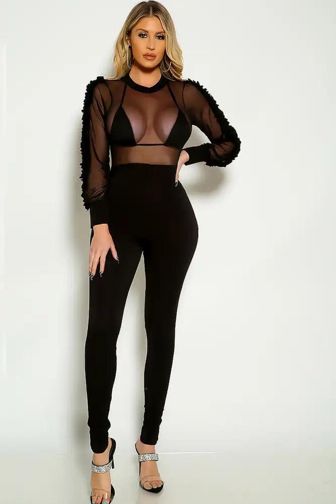 Black Long Sleeve Mesh Sexy Fitted Jumpsuit - AMIClubwear