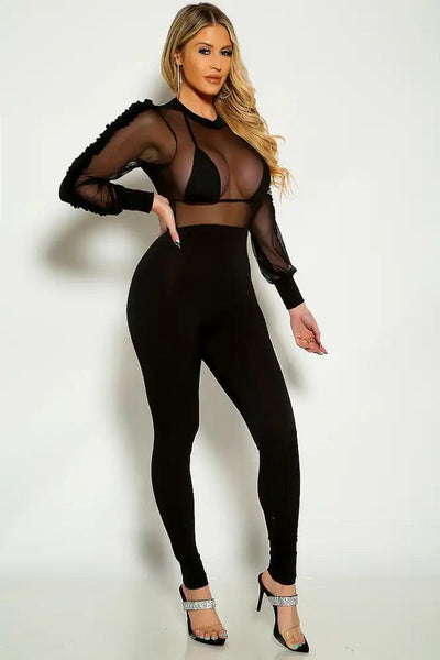 Black Long Sleeve Mesh Sexy Fitted Jumpsuit - AMIClubwear