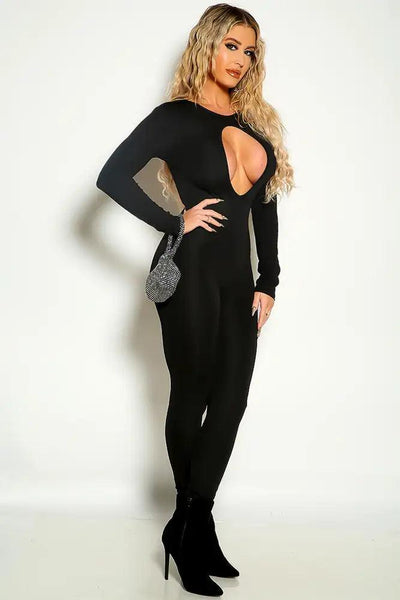 Black Long Sleeve Mid Cut Out Fitted Jumpsuit - AMIClubwear