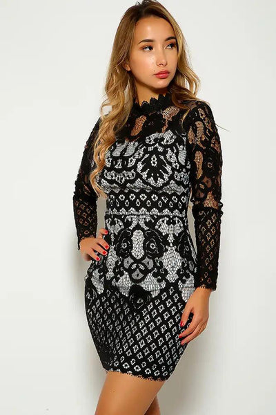 Black Long Sleeve Mock Neck Crochet Party Dress - AMIClubwear