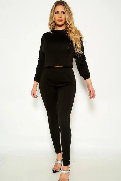 Black Long Sleeve Mock Neck Lounge Wear Two Piece Outfit - AMIClubwear