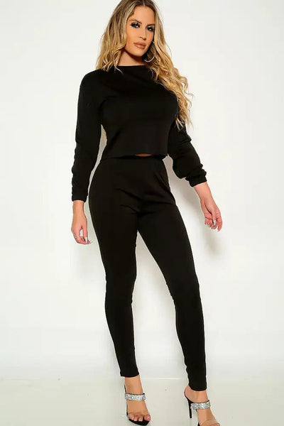 Black Long Sleeve Mock Neck Lounge Wear Two Piece Outfit - AMIClubwear