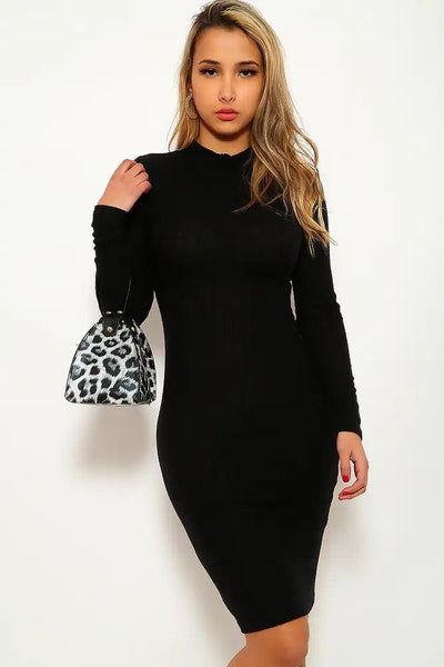 Black Long Sleeve Mock Neck Party Dress - AMIClubwear