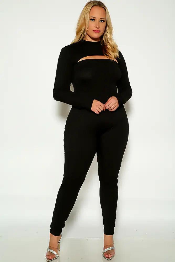 Black Long Sleeve Mock Neck Ribbed HIgh Rise Two Piece Outfit - AMIClubwear