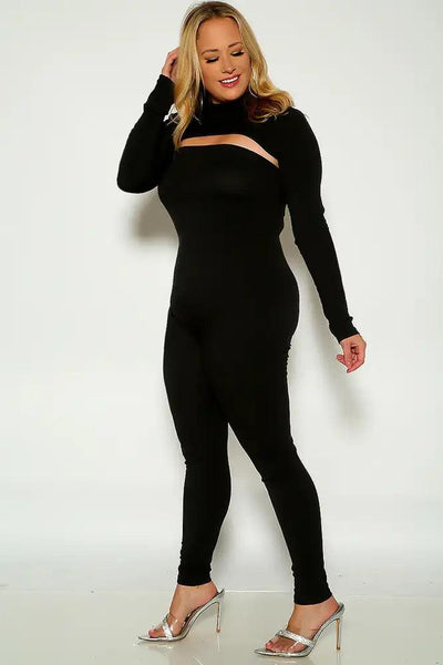 Black Long Sleeve Mock Neck Ribbed HIgh Rise Two Piece Outfit - AMIClubwear