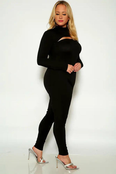 Black Long Sleeve Mock Neck Ribbed HIgh Rise Two Piece Outfit - AMIClubwear