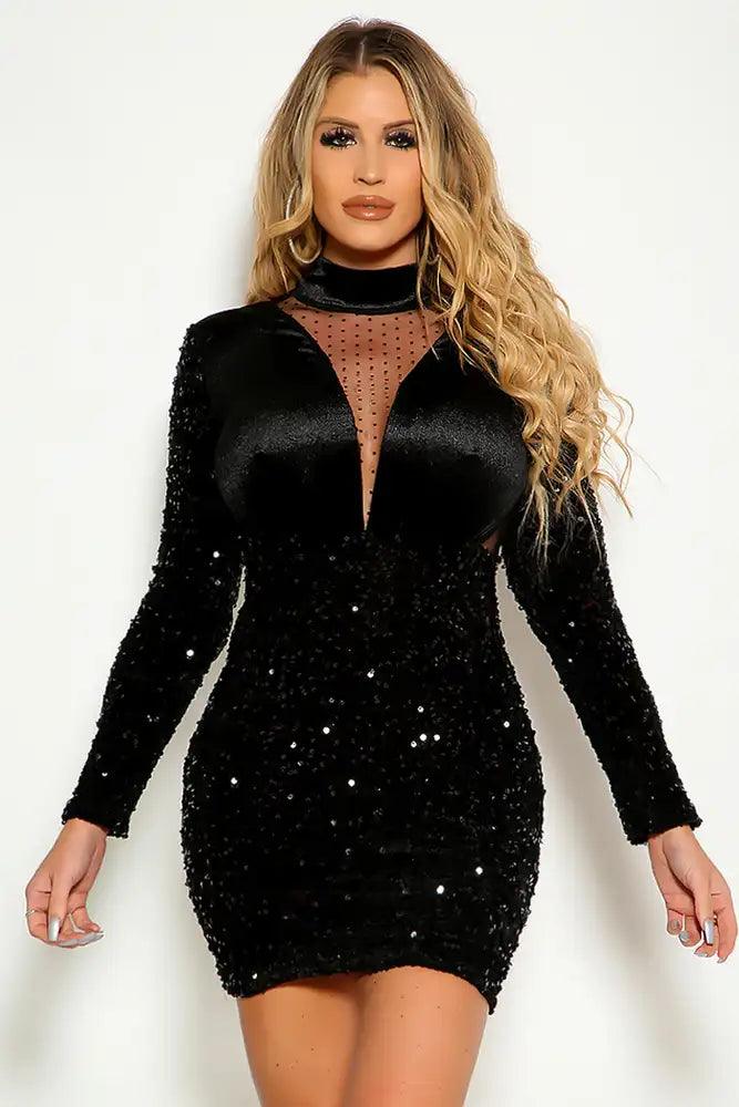 Black Long Sleeve Mock Neck Velvet Sequins Party Dress - AMIClubwear