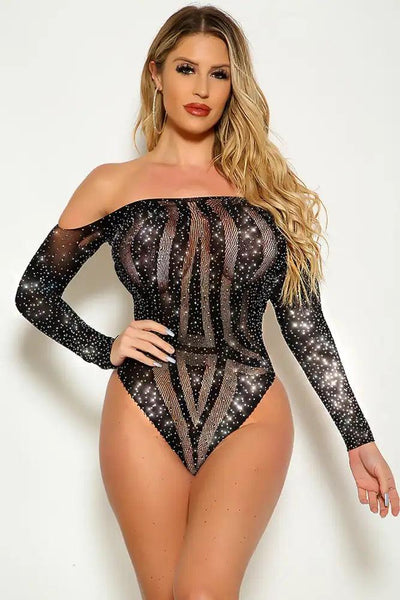 Black Long Sleeve Netted Off The Shoulder Rhinestone One Piece Teddy - AMIClubwear