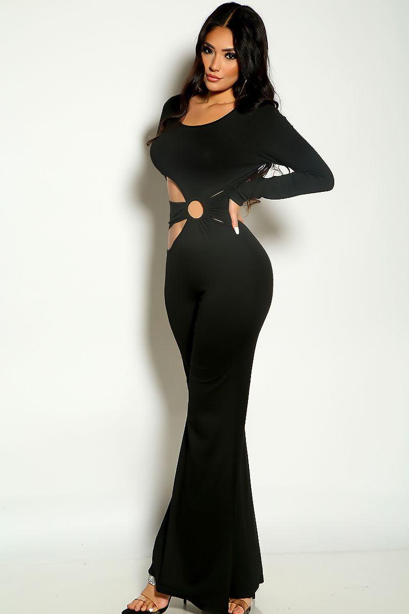 Black Long sleeve O-Ring Side cut Out Flared Jumpsuit - AMIClubwear