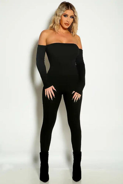 Black Long Sleeve Off The Shoulder Fitted Sexy Jumpsuit - AMIClubwear